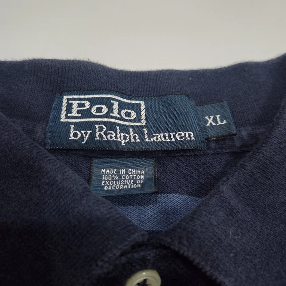 Ralph Lauren Men's Navy and Light Blue Striped Polo Shirt Sz.XL